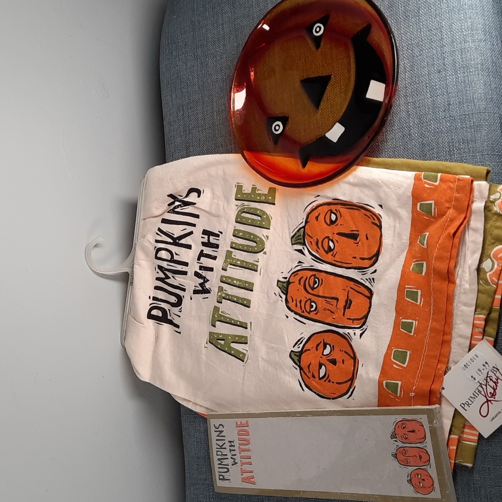 Halloween Gift Set Kitchen Dish Towel Listpad Glass Plate Jack O'Lantern Pumpkin
